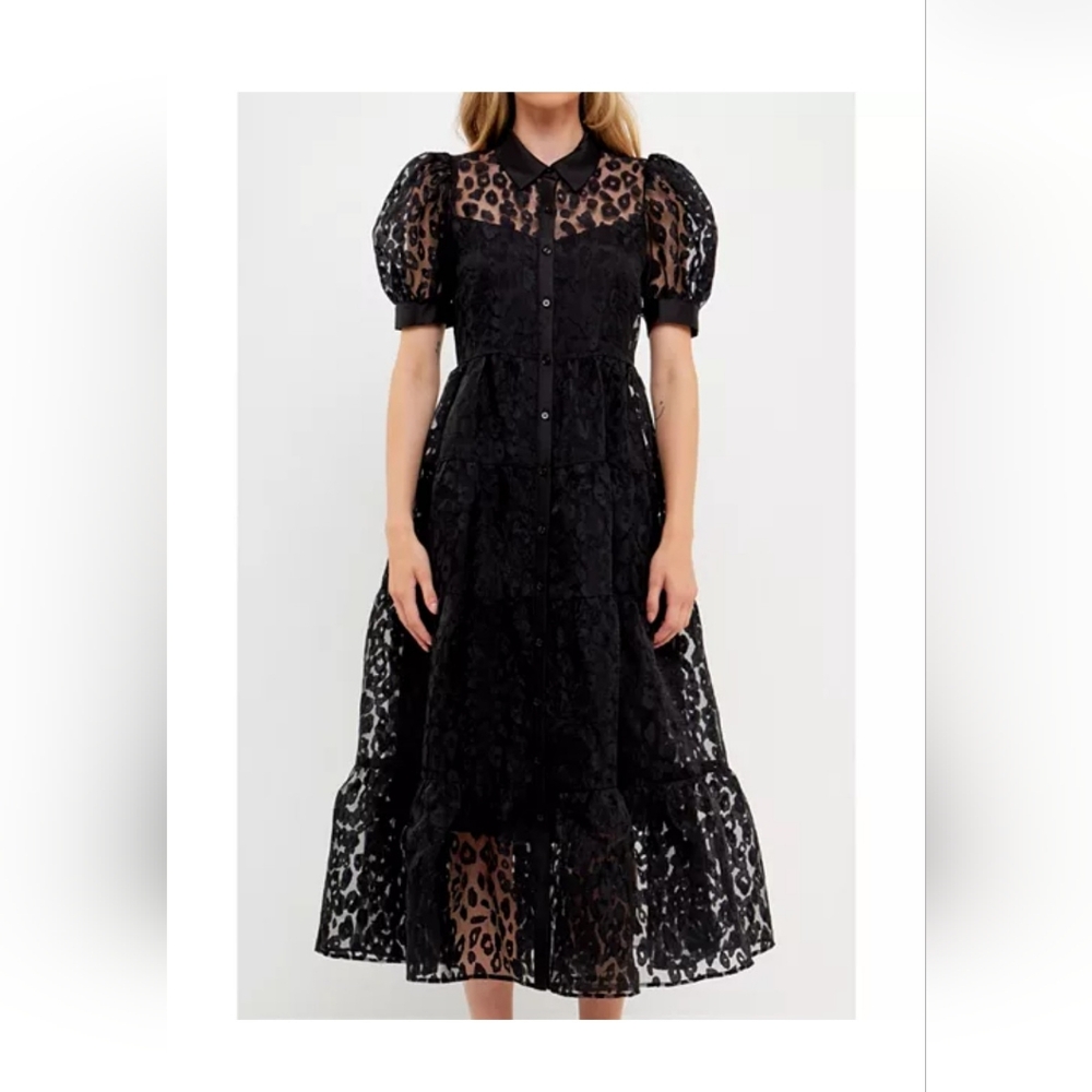 English Factory Animal Print Black Puffed Sleeves Lace Dress Maxi Size Small S